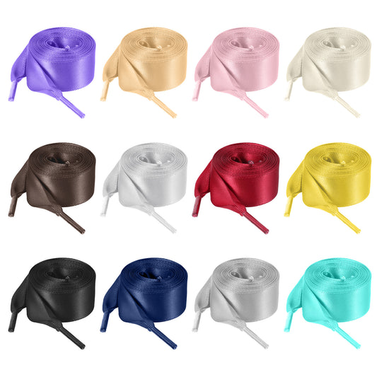 COMNICO 12 Pairs 47" Flat Satin Ribbon Shoelaces 3/4" Wide Colorful Silk Shoe Laces Shoestrings for Women Girls Sneakers Skate Boots Sport Shoes