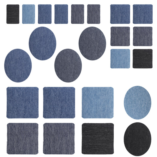 COMNICO Iron on Patches for Clothes, 24Pcs Denim Patches for Jeans Inside and Outside 4 Styles Iron on Denim Patches Blue and Black Sew on Patches Clothing Jeans Repair