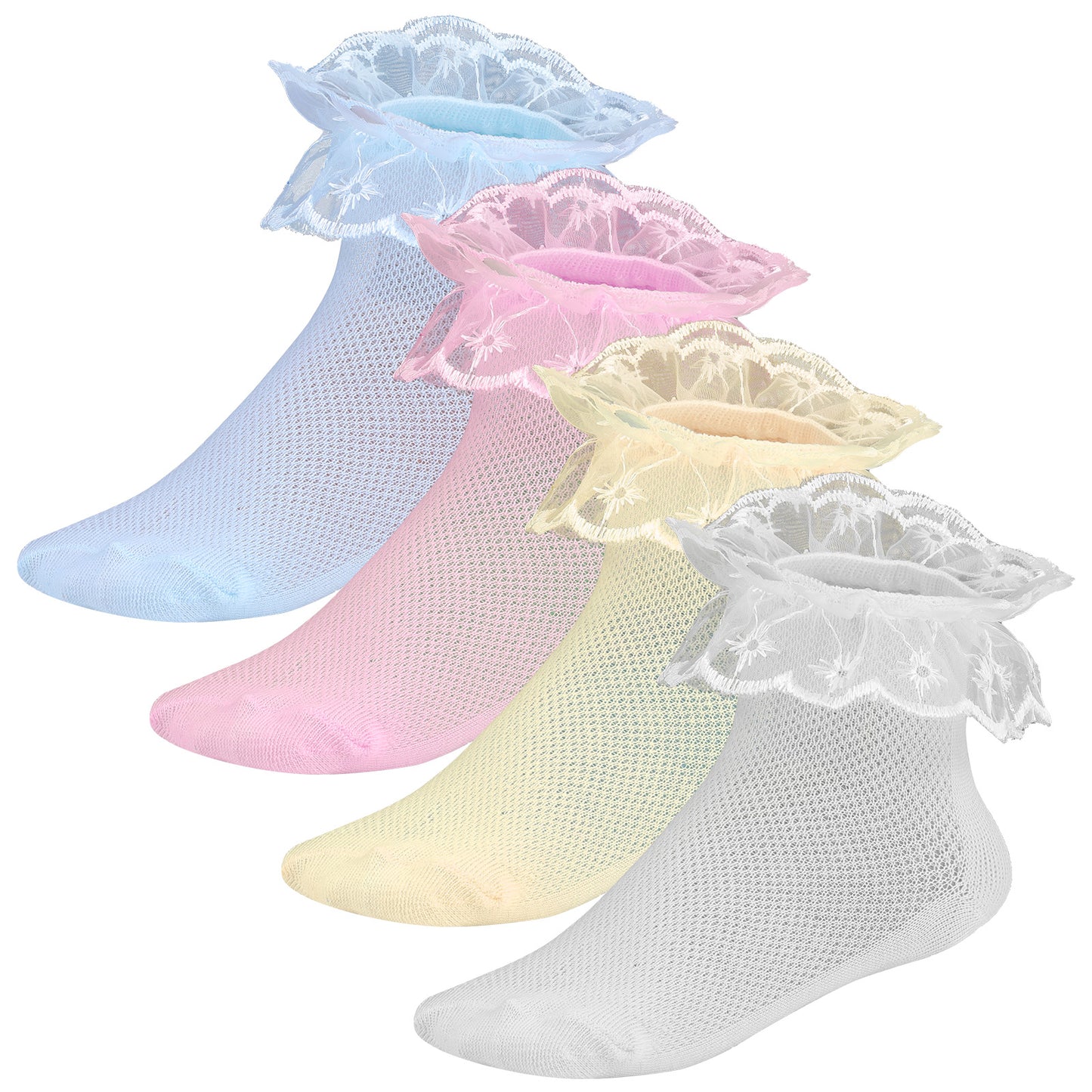 Wanmu 4 Pairs Girls Ruffle Socks, Double Lace Frilly Turn Cuff Socks, Toddler Pageant Dress Socks (White, Pink, Yellow, Blue)