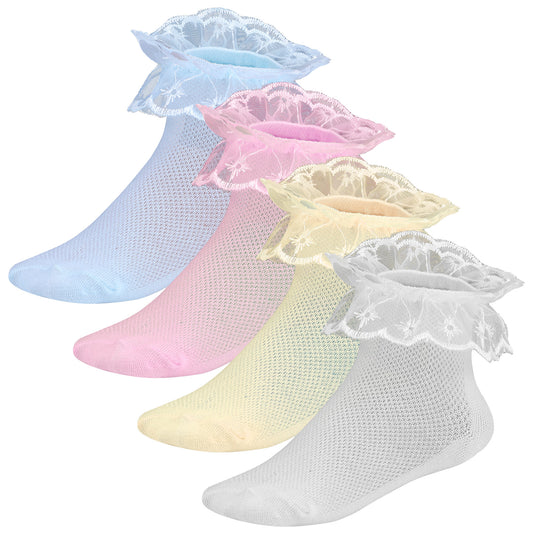 Wanmu 4 Pairs Girls Ruffle Socks, Double Lace Frilly Turn Cuff Socks, Toddler Pageant Dress Socks (White, Pink, Yellow, Blue)