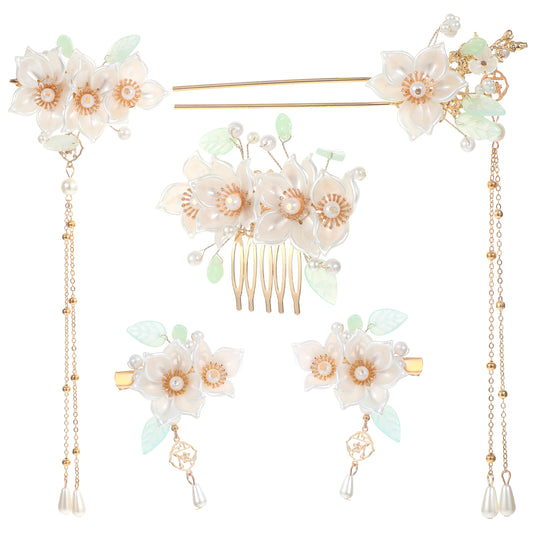 5PCS Camellia Flower Tassels Hairpin Pearl Hair Clips Headpiece Retro Chinese Hanfu Wedding Brides Hair Accessories Classy Bridal Wedding Hair Side Combs for Women Girls Bridesmaids Updo Long Hair