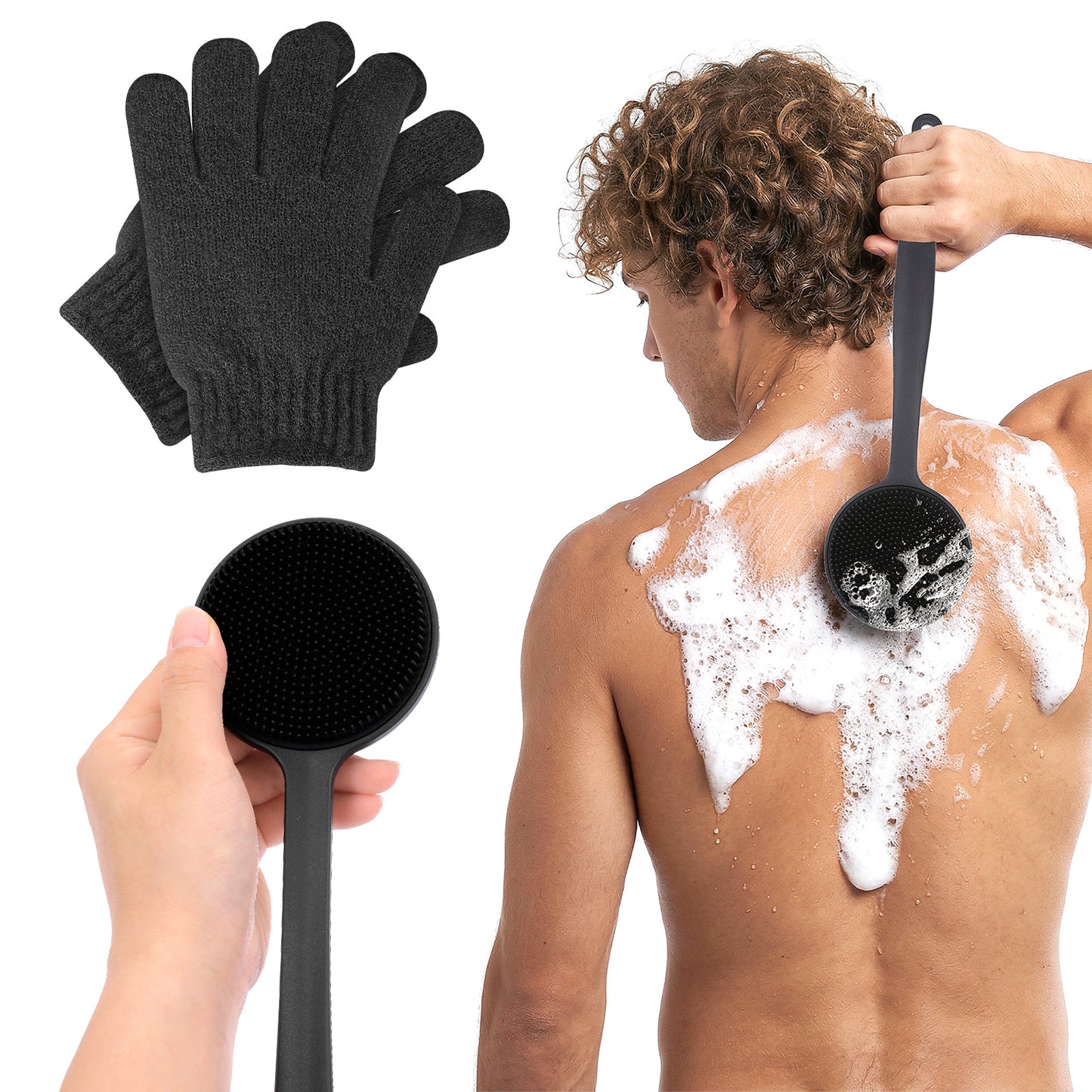 QFGasre Back Scrubber for Shower Silicone Bath Body Brush with Long Handle Exfoliating Bath Gloves Deep Clean Body Scrubber & Back Brush for Men & Women (Black)