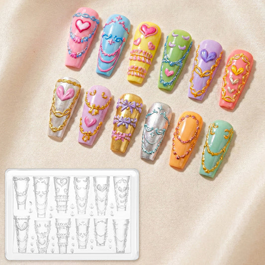 3D Cream Nail Mold Silicone Tools Cake Cream Nail Art Mold Lace Nails Charms Resin Molds Creamy Bow Hearts Charms Clear Modeling Templates for Manicure Decoration Design Accessories Supplies