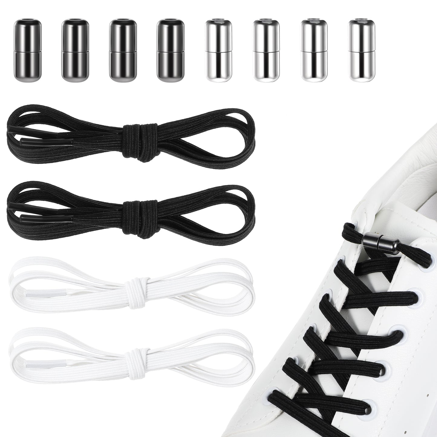 Sibba Elastic Shoe Laces 4 Pairs No Tie Shoelaces Flat Stretch Bungee Shoe Laces Tieless Shoelaces Stretchy Shoe Lace Lock One Size Strings for Sneakers Women Men (Black&White)