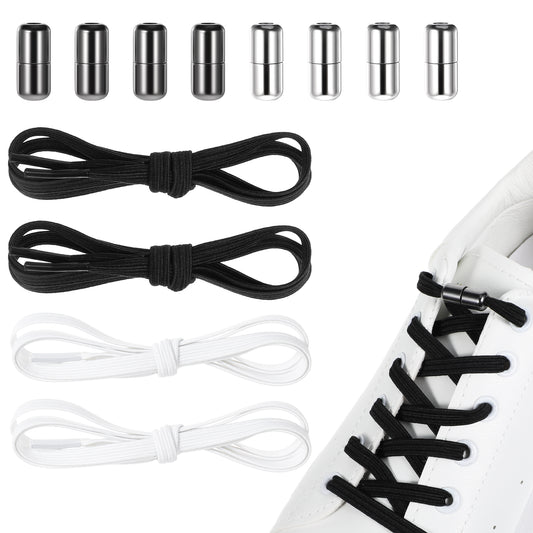 Sibba Elastic Shoe Laces 4 Pairs No Tie Shoelaces Flat Stretch Bungee Shoe Laces Tieless Shoelaces Stretchy Shoe Lace Lock One Size Strings for Sneakers Women Men (Black&White)