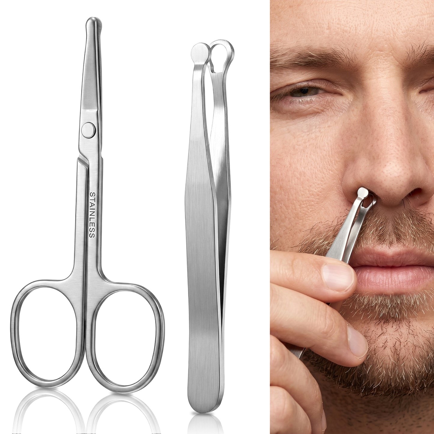 QFGasre 2pcs Nose Hair Scissors Nose Hair Trimmer Tweezers Stainless Steel Rounded Tip Curved Blades Trimming Scissors Precision Grooming for Beard Women Men Mustache Eyebrow Beard Safety Rounded Tip