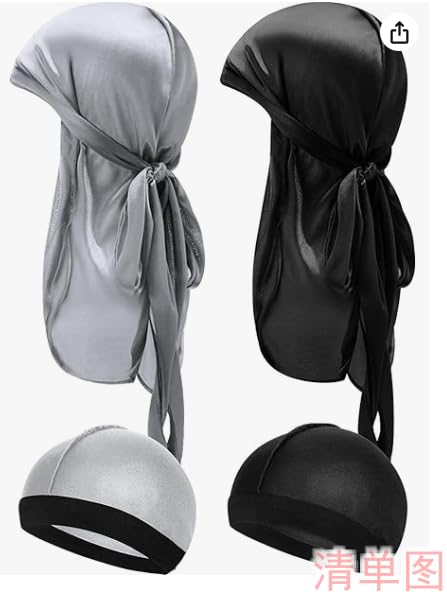 Wanmu 4Pcs Kids Silky Durag with Wave Caps Set, Silky Satin Durag Extra Long Tails, Long Tail and Wide Strap Headwraps, Wide Straps Waves (Silver)