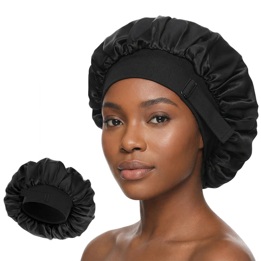 Wanmu Satin Silk Bonnet for Sleeping, Double Layer Adjustable Sleep Cap Soft Satin Lined Hair Bonnet for Men & Wome Curly Braids(Black)