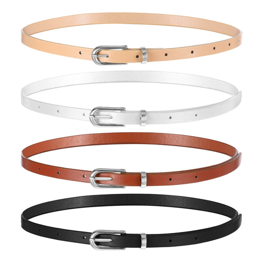 Wanmu 4 Pack Women Skinny Leather Belt for Dresses, 38 Inches Vintage Thin Waist Belt with Silver Metal Buckle for Ladies, Dresses, Pants (White, Black, Cream Color, Coffee)