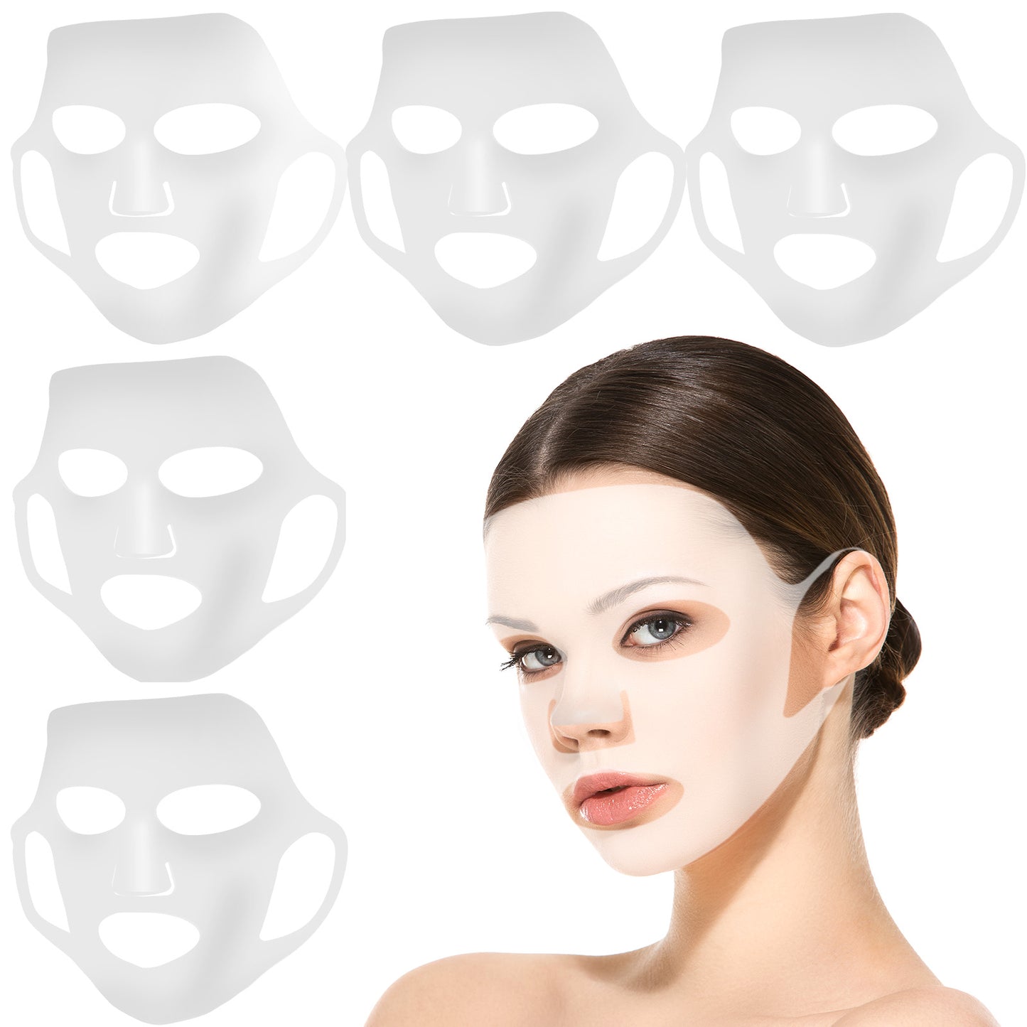 Wanmu 5Sheet Silicone Face Mask Cover, Reusable 3D Facial Mask Holder, Moisturizing Facial Mask Prevent Evaporation, Transparent Skincare Beauty Ear-Hook Loops Cryo Rubber Face Mask Spa Tool