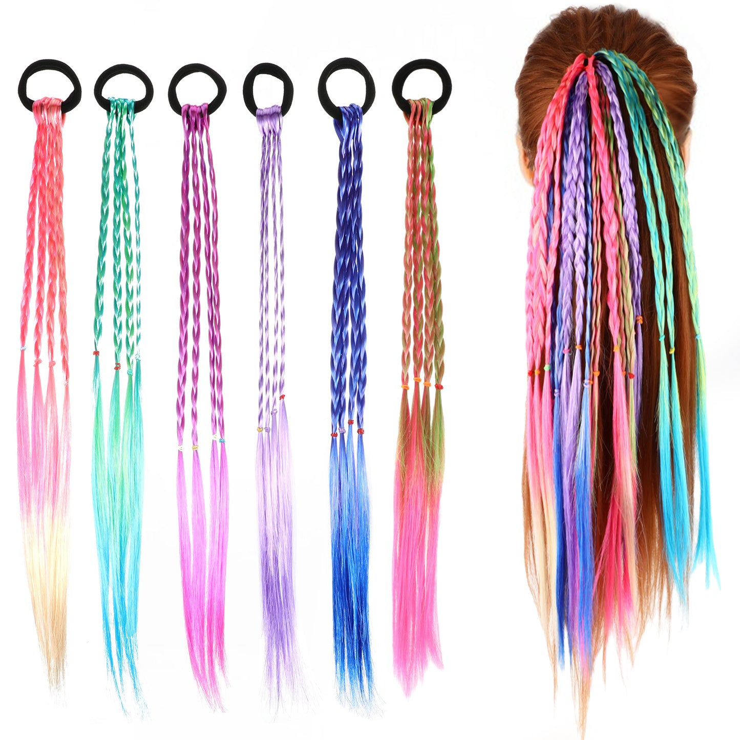 Dimeho 6 Pcs Braids Hair Extensions Colorful Rainbow Braided Rubber Bands Wig Braid Hair Rope Cosplay Ponytail Holders Hairpieces Styling Accessories for Women Party Dress Up