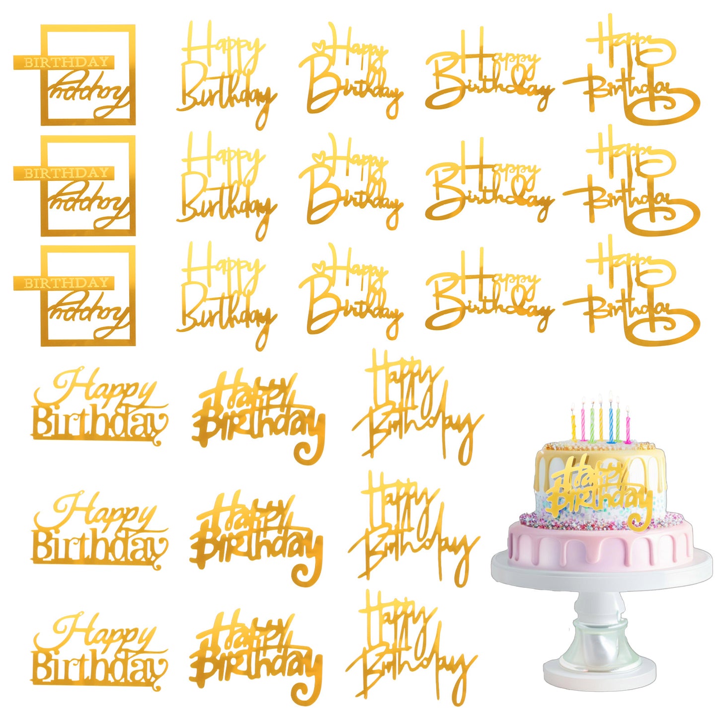 24 Pcs Gold Happy Birthday Cake Toppers Mirror Acrylic Cupcake Topper Happy Birth Cake Toppers for Cakes Side Cupcake Decorations Supplies Double-Sided Glitter, 8 Styles
