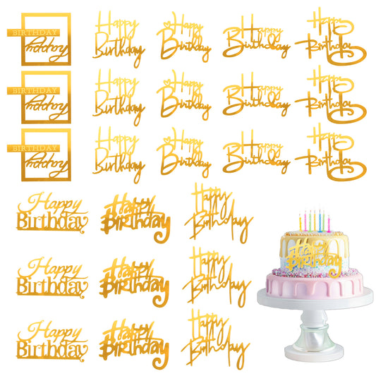24 Pcs Gold Happy Birthday Cake Toppers Mirror Acrylic Cupcake Topper Happy Birth Cake Toppers for Cakes Side Cupcake Decorations Supplies Double-Sided Glitter, 8 Styles