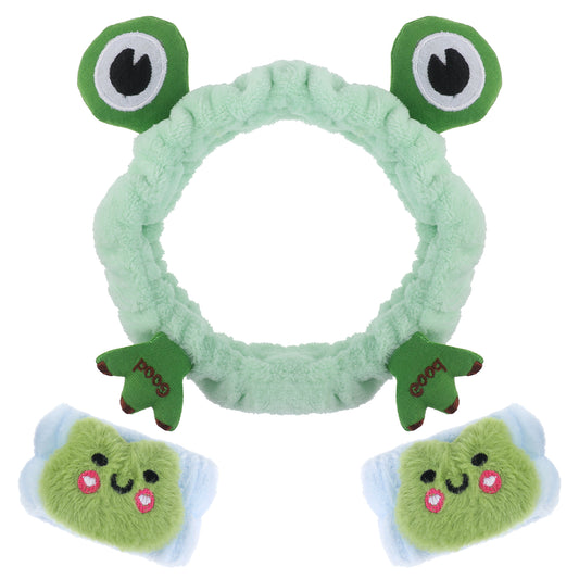 Spa Headband and Wristband Set Face Wash Headband Wrist Bands Frog Soft Skincare Hairband Cute Cartoon Makeup Head Bands for Women Girls Bath, Shower, Beauty Prevent Liquid Spilling from Arms