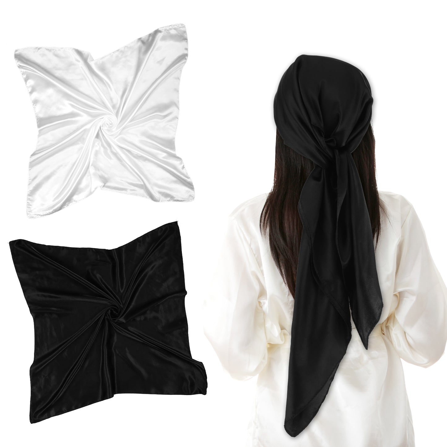 COMNICO Satin Head Scarf for Women, 2 Pcs 35'' Square Neck Scarfs White Black Hair Wrap Silk Hair Scarf Breathable Turbans Lightweight Bandanas for Sleeping