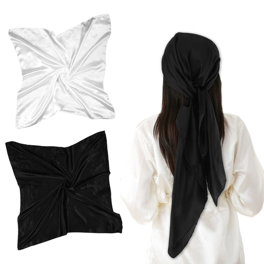 COMNICO Satin Head Scarf for Women, 2 Pcs 35'' Square Neck Scarfs White Black Hair Wrap Silk Hair Scarf Breathable Turbans Lightweight Bandanas for Sleeping