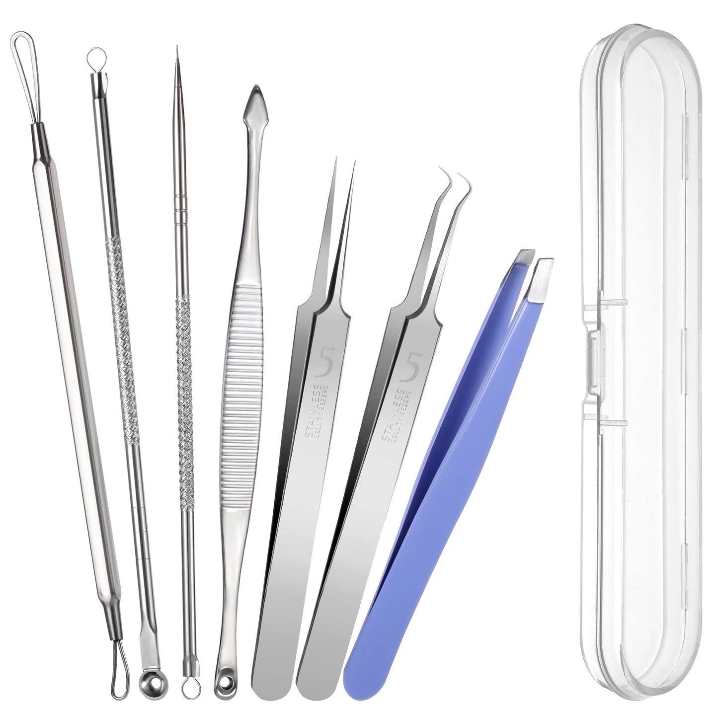 Wanmu 7PCS Blackhead Remover Tools, Professional Comedones Extractor Pimple Popper Tool Kit, Acne Removal Ingrown Hair Tweezers Tools with Box for Nose Face Blemish, Whitehead Popping, Zit Removing