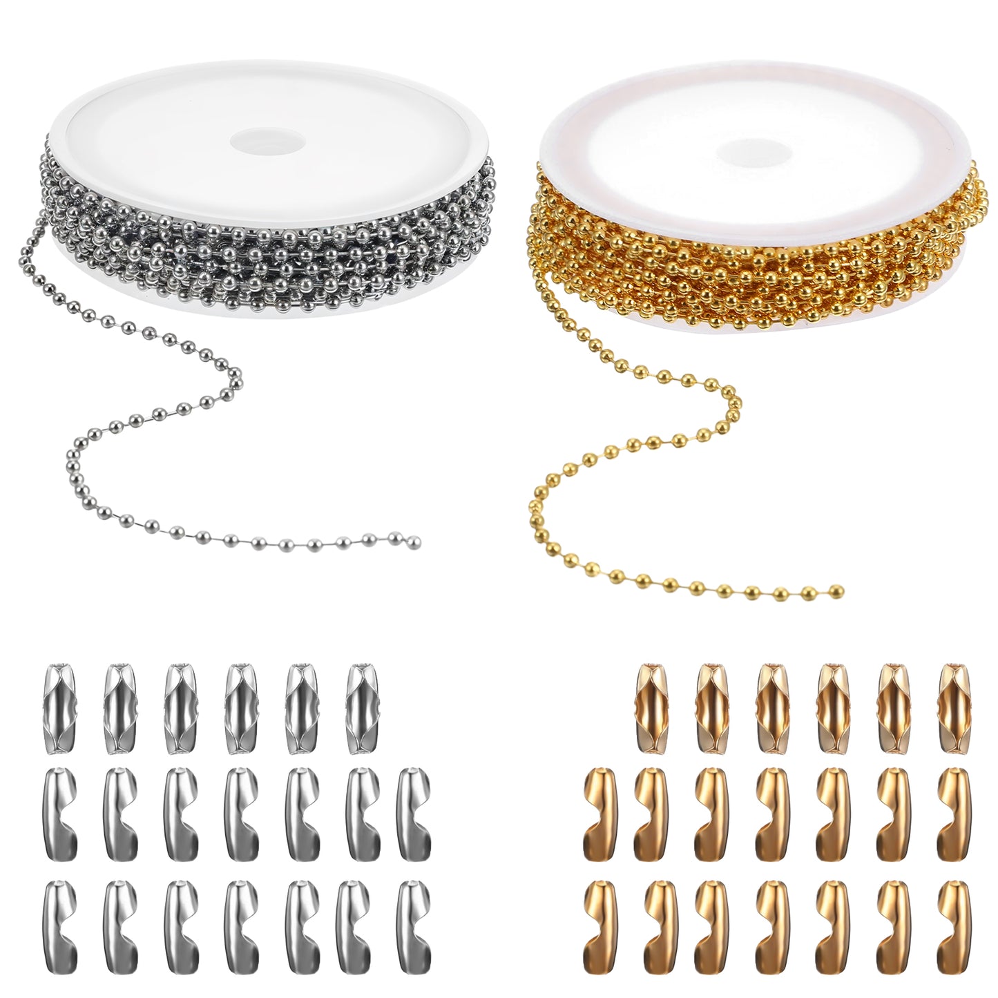 COMNICO Ball Bead Chain Roll, 2Pcs Stainless Steel Bead Link Chain Roll with 20 Pcs Matching Connectors Ball Chain Necklace Dog Tag Chain Necklace Jewelry Making Supplies for DIY Bracelets Keychain