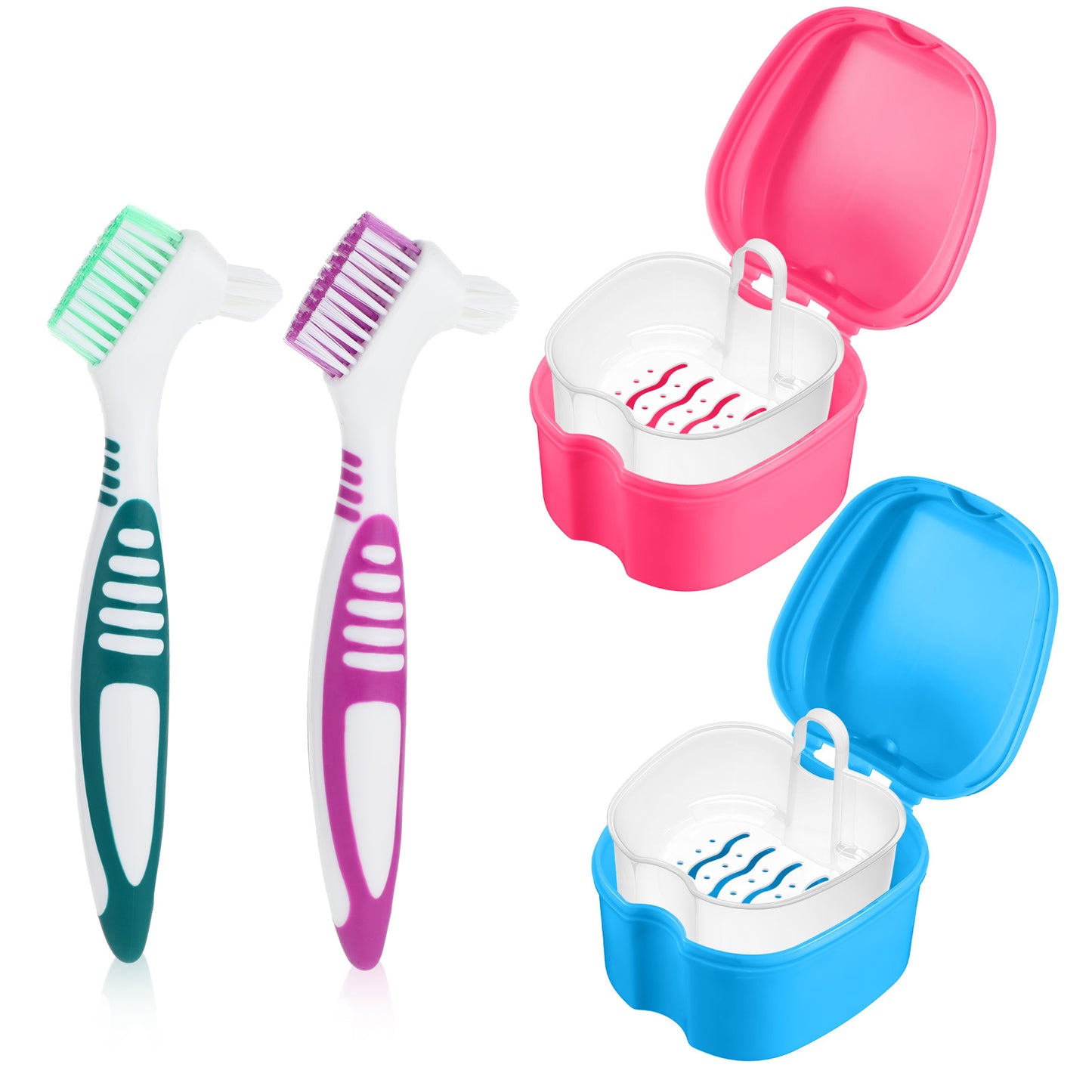 2 Pack Denture Bath Case Cup with Denture Cleaner Brush Retainer Holder Box False Teeth Soaking Container Dental Bath Storage Box Case with Strainer Basket for Travel, Camping, Office