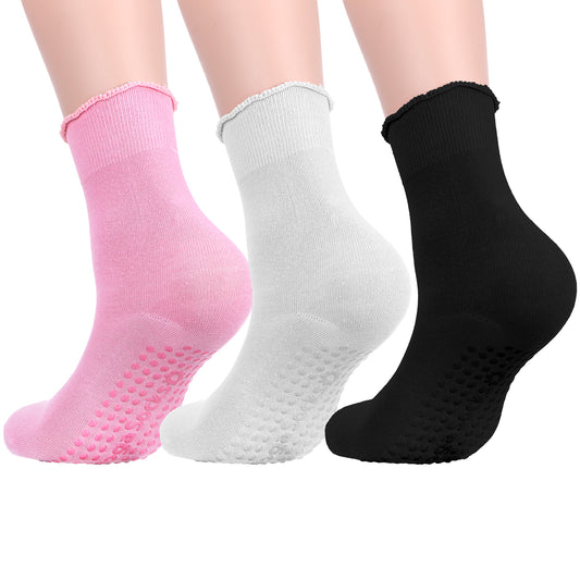 Wanmu 3 Pairs Non Slip Pilates Socks for Women, Cute Breathable Ruffle Ankle Sock with Grips for Yoga, Barre, Hospital, Barefoot Workout (White, Black, Pink)