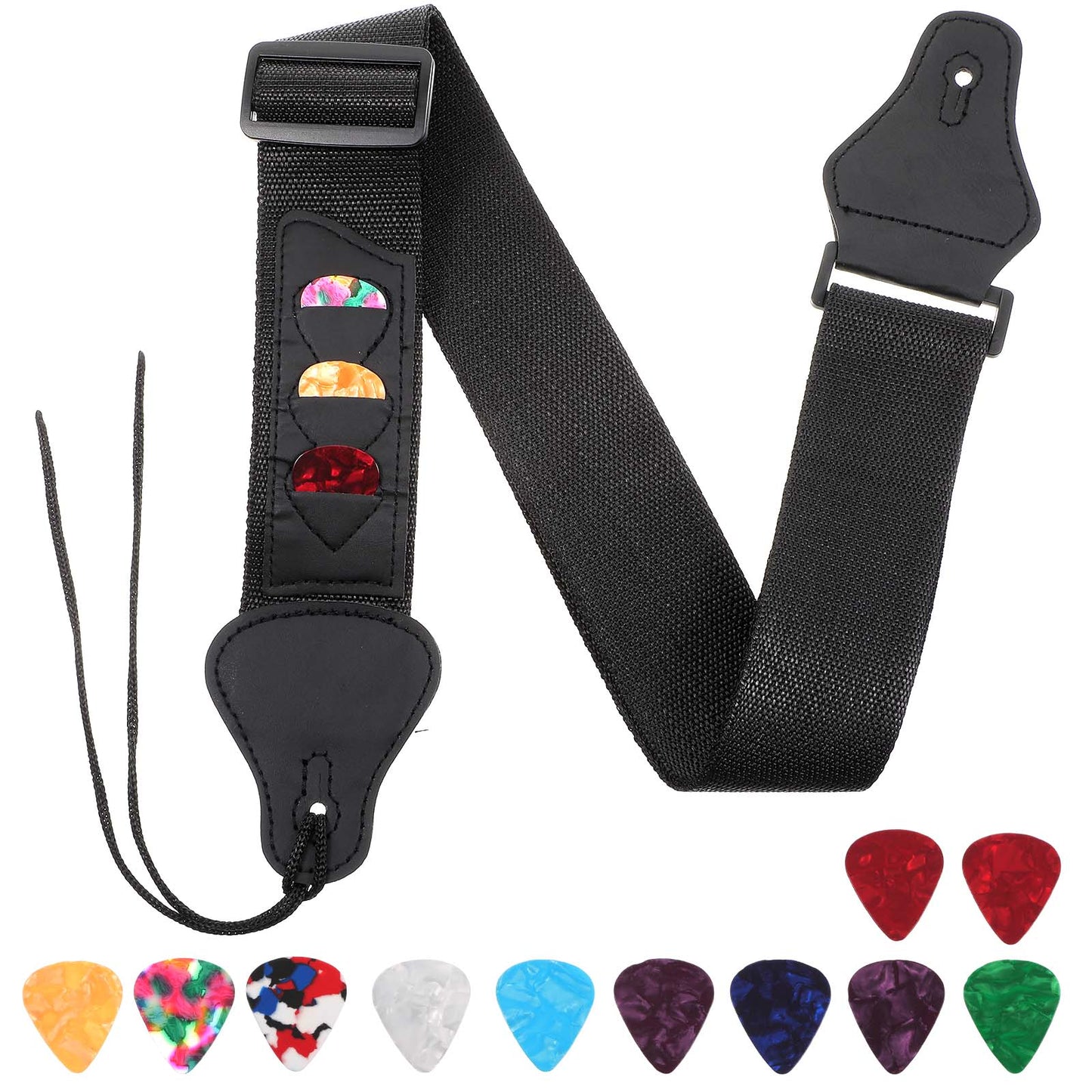 Wanmu Guitar Strap, Adjustable Acoustic Electric Bass Guitar Straps with 10 Pcs Picks and 3 Pick Holders Accessories for All Guitars (Black)