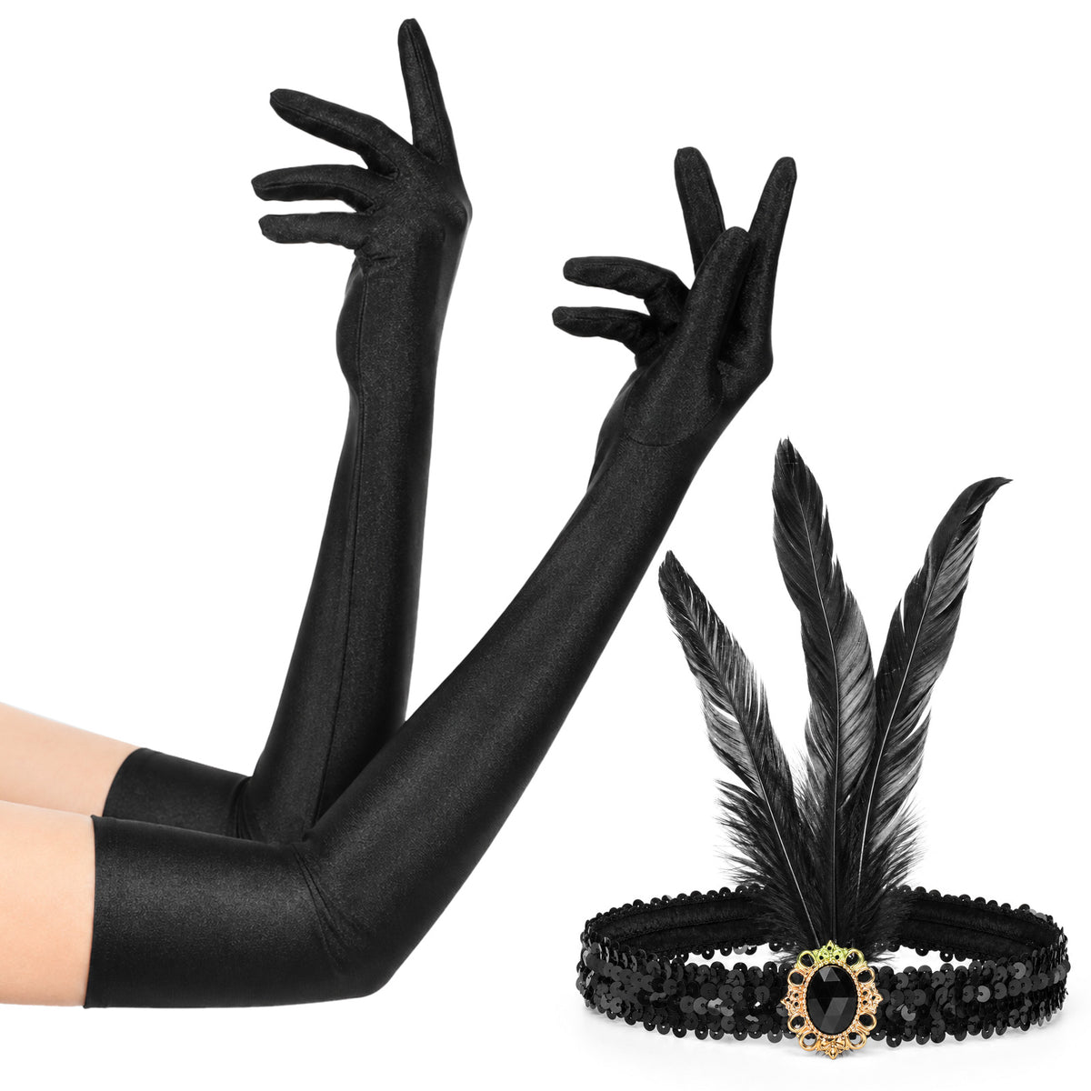 ElevateTech Women 1920s Flapper Set Feather Headpiece and Long Gloves Set