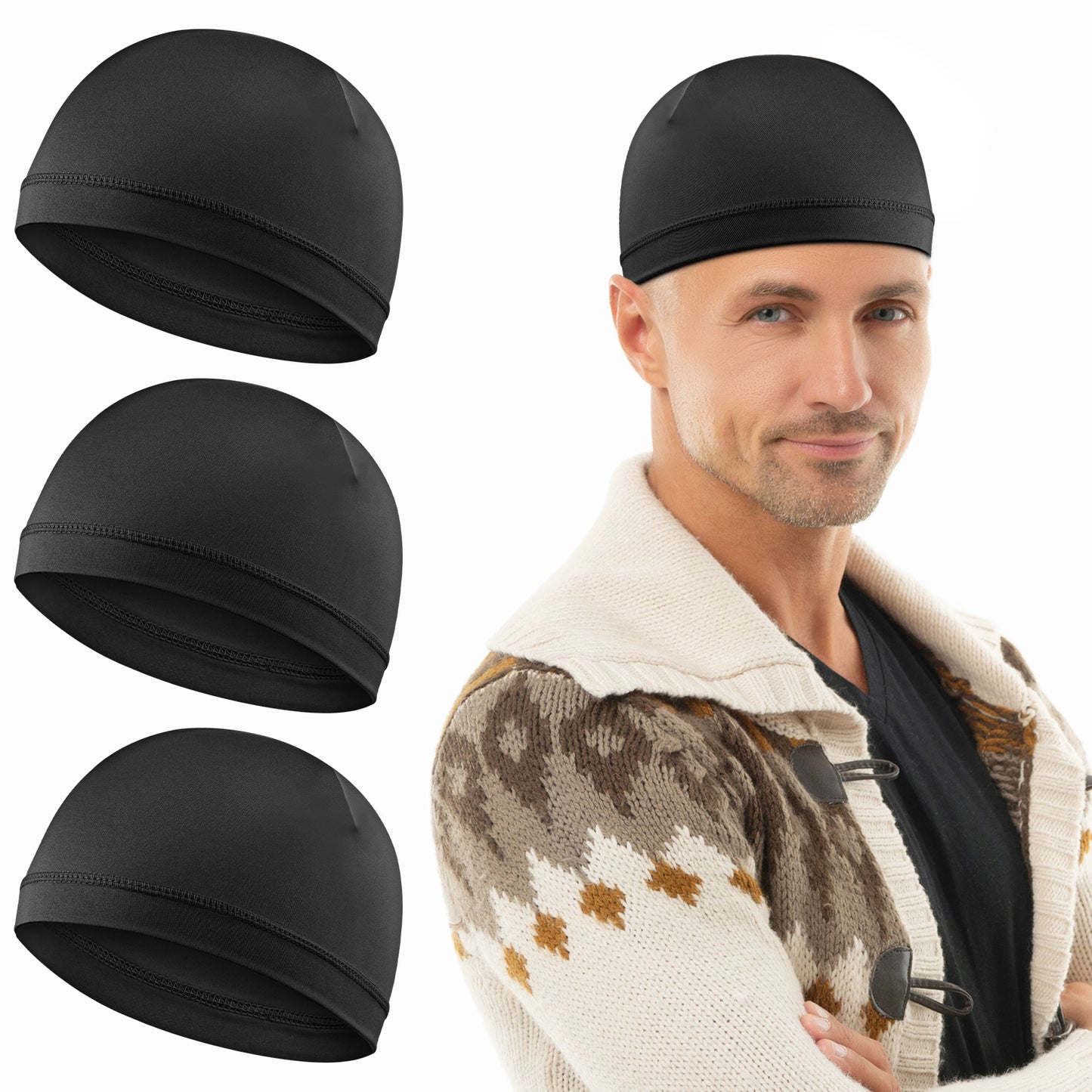 3Pcs Unisex Skull Caps Soft Lightweight Beanie Hats Moisture Wicking Stretchy Breathable Helmet Liner Multifunctional Cooling Headwear Chemo Cap for Men Women Sports Running