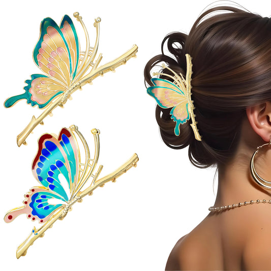 Butterfly Hair Clips, 2 Pcs Large Non-Slip Metal Claw Clips, Sparkly Butterfly Hair Jaw Clips for Women Girls, Strong Hold Styling Butterfly Hair Accessories for Women Thick Hair