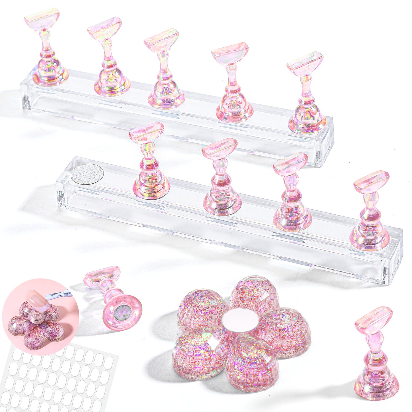 Ptwola 2 Set Nail Stand Press on Magnetic Nail Holder Kit Acrylic Fake Nails Art Display Stand Flower Practice Stands Design Tools for DIY Painting Nails Hand Salons Homes Professional Techs Supplies