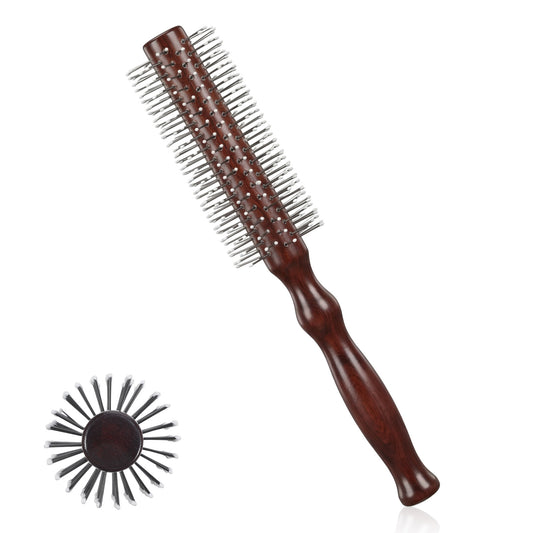 Sibba Small Round Brush for Short Hair, Roller Brushes Men Beard Brush for Blow Drying, Professional Smoothing and Curling Brushes, Reddish brown Wood
