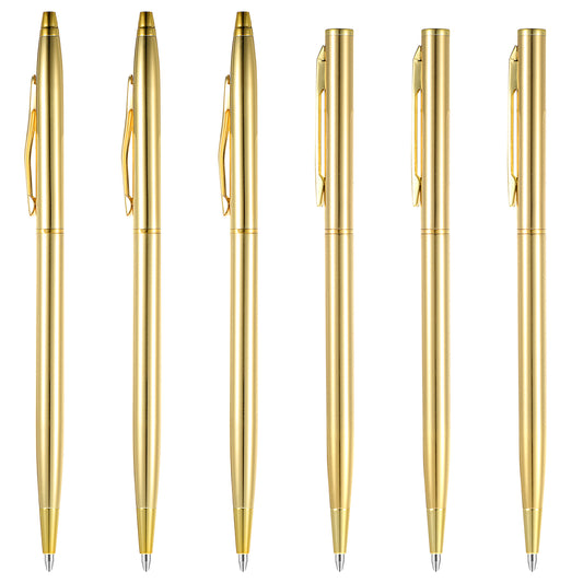 Dimeho 6 Pcs Slim Gold Ballpoint Pens Retractable Metallic Black Ink Pens 1.0 mm Medium Point Pen Mini Conical Pens Tiny Smooth Writing Pens for Men Women Office Business Wedding Christmas