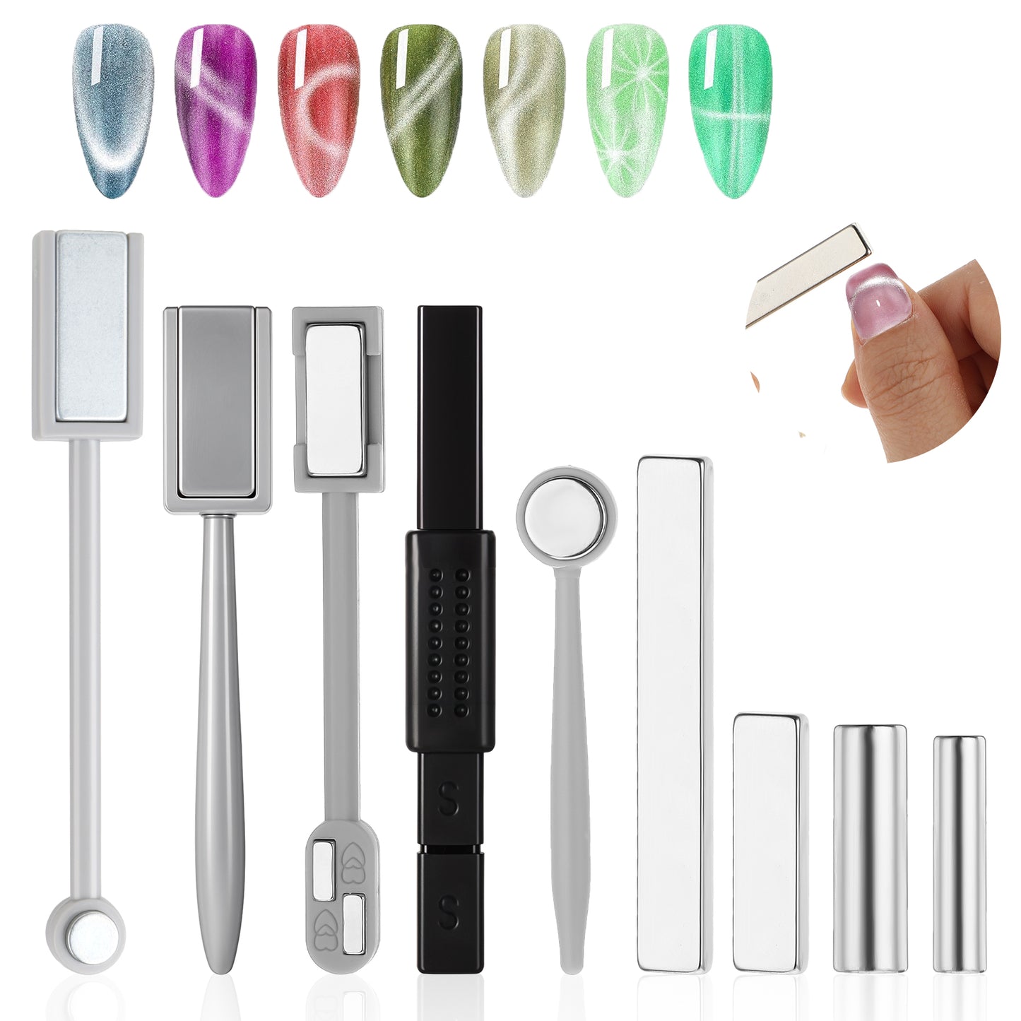 Wanmu 9Pcs Cat Eye Magnet for Nails, Strong Suction Nail Magnets Set for Nail Art, Cat Eye Gel Nail Polish Magnet Tools, Double-Head Nail Magnetic Stick for Salon DIY Home