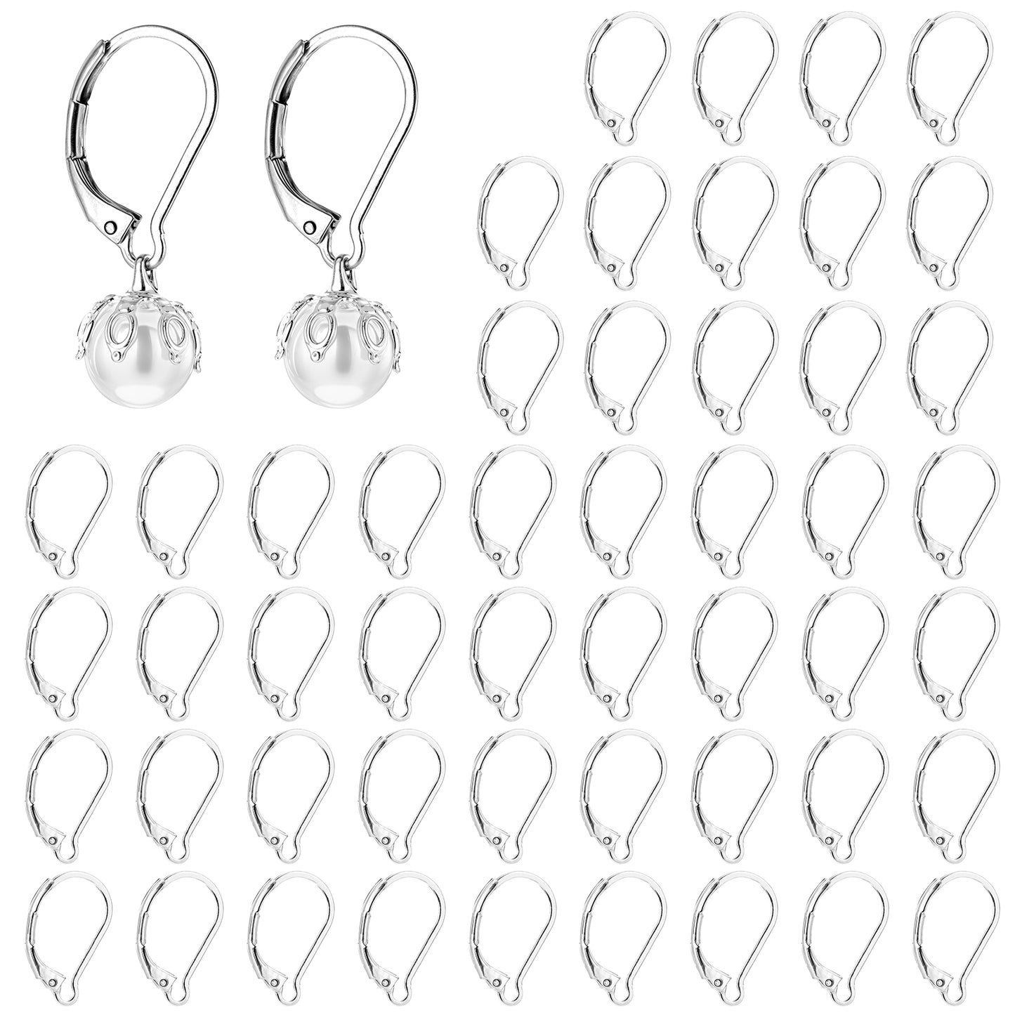 50Pcs Stainless Steel Lever Back Earring Clasp Anti-sensitive Earring Hook French leverback Earring Hook Earring Back with Jump Ring Silver Findings Earring Supplies for DIY Jewelry Making Accessories