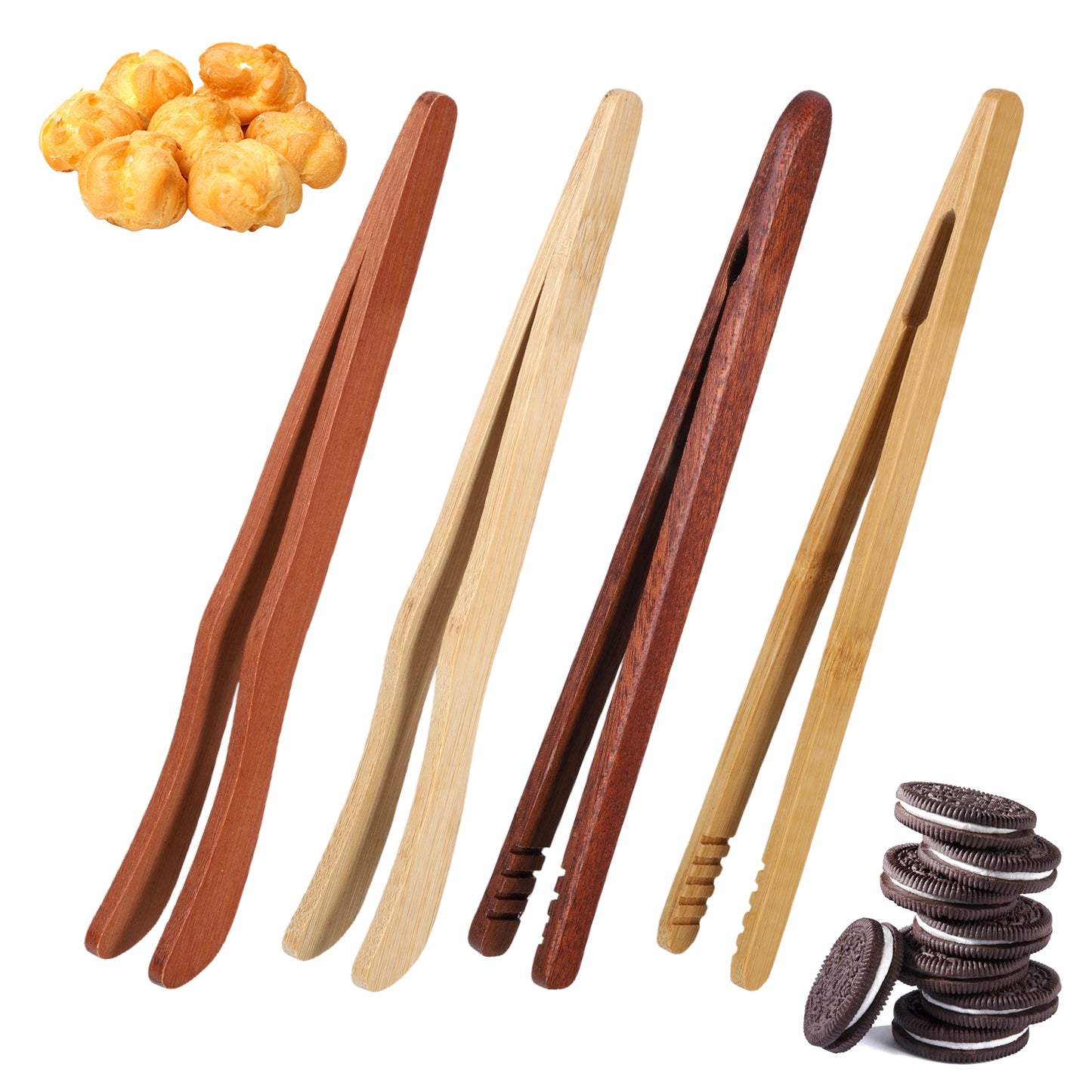 Qianyu 4PCS Reusable Toaster Tongs Bamboo Toast Tongs Wood Cooking Tong Multipurpose Bamboo Tong Anti-Slip Kitchen Utensil for Toaster Fruits Bread Pickles Bacon Muffins Cheese Pastries Salads