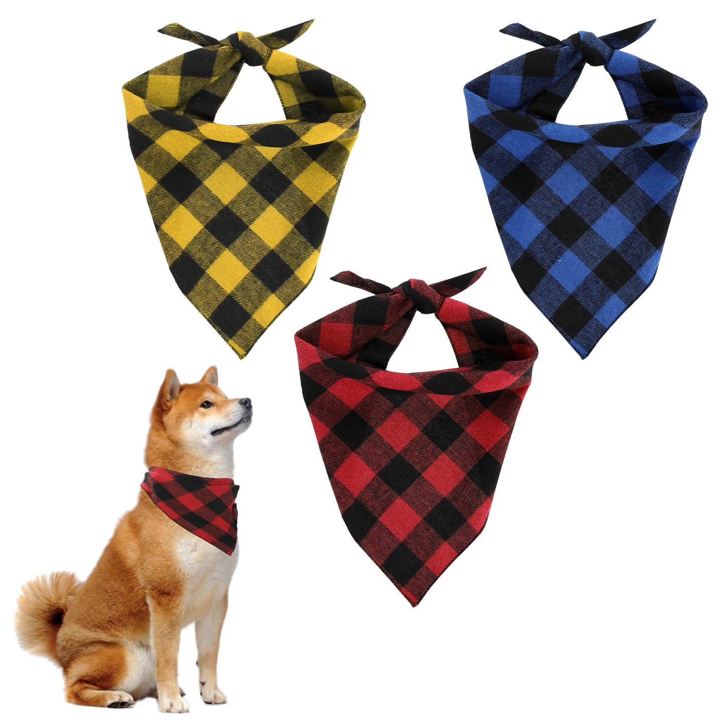 ElevateTech Dog Bandanas, Buffalo Plaid Dog Triangle Bibs Scarf Washable Cotton Triangle Scarf Adjustable Pet Kerchief Handkerchief Accessories for Small Medium Large Dogs Cats, Red Yellow Blue Grid