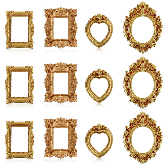 Sibba 12 Pcs Miniature Dollhouse Accessories Vintage Gold Resin Frames Set 1/12 Scale Dollhouse Frames with Carved Details Mini Frame for Wall Hanging Desktop Display Jewelry Showcase DIY Crafts Décor