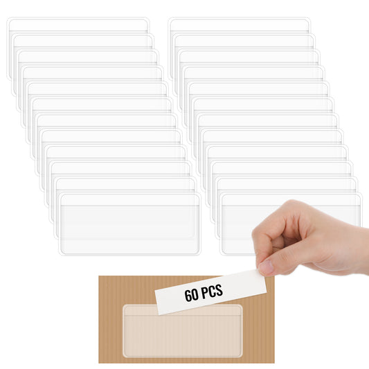 COMNICO Label Holders Self Adhesive, 60Pcs Clear Shelf Tags Plastic Self Stick Index Card Pockets Long Side Open Price Tag for Supermarket Bookshelf Mailbox Business Library