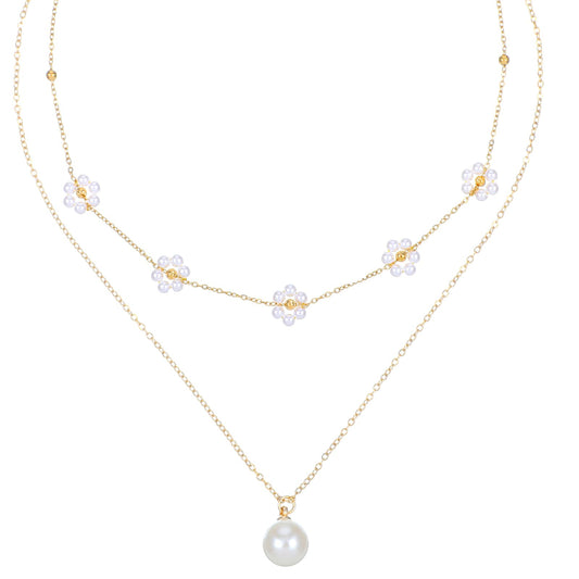 Wanmu Gold Pearl Necklaces for Women, 14K Gold Plated Trendy Layered Pearl Flower Necklace Stack Chain, Cute Daisy Simple Herringbone Choker Pendant Dainty Accessories for Women Jewelry Gifts