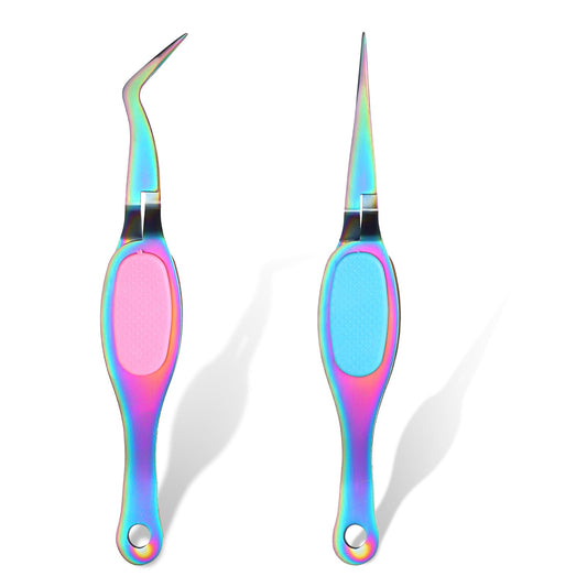 COMNICO 2pcs Reverse Tweezers Craft Tweezers Curved Bent Straight Fine Tip Tweezers Stainless Steel Soft-Grip Cross Locking Tweezers for DIY Jewelry Eyelash Extensions Nail Beading