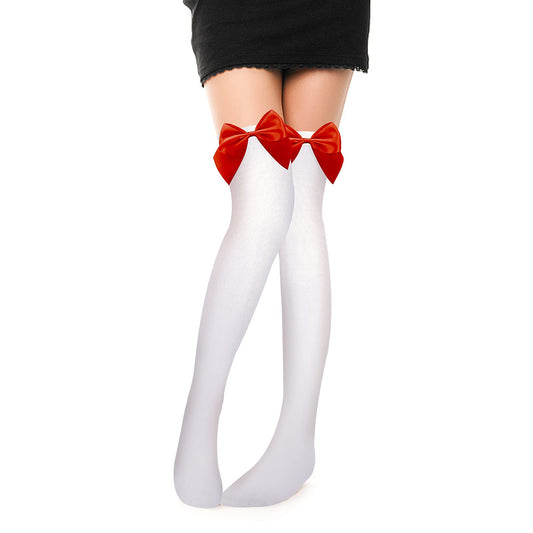 Sibba Thigh High Socks Top Tube Tights Breathable Stockings Garter Knee Leg Thighs Belt Halloween Christmas Valentines Day Easter Costumes Up Stocking Sets Women Girls Queen (Red Bow)