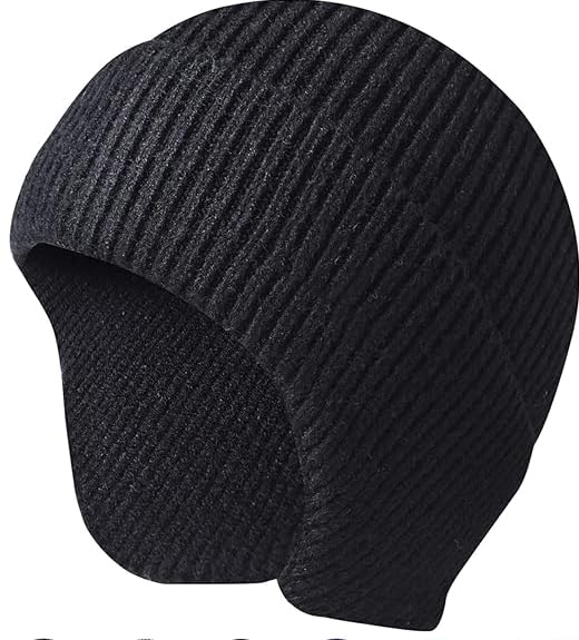 Sibba Knit Beanie Hats Winter Earflap Caps Knitted Hat Lined Knit Warm Thick Skully Stocking Binie Hat Plush Stretchy Windproof Knit Skull Cap Elastic Stuffed Hat for Men Women Black