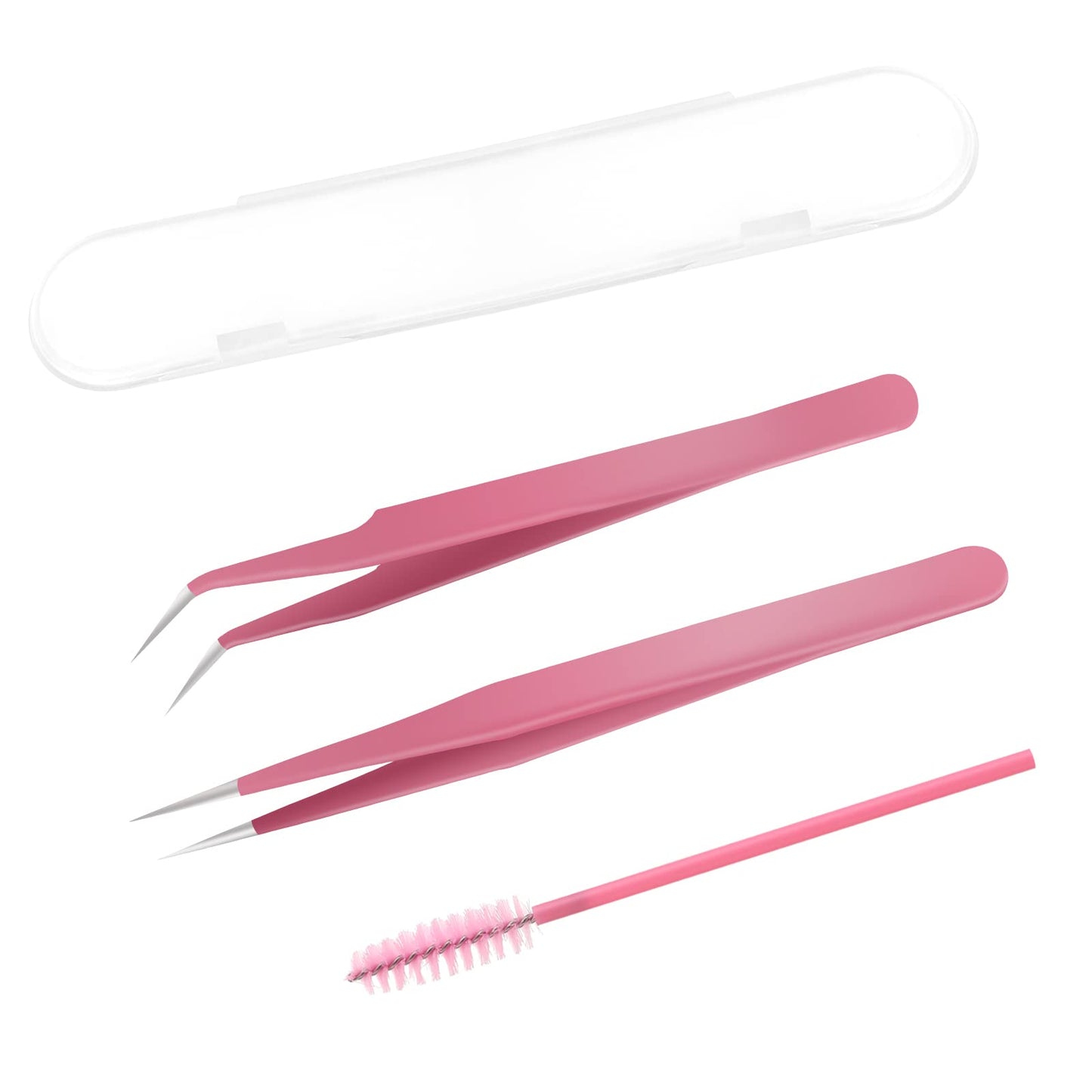 Coyps False Eyelash Tweezers, 3 Pieces Kit, Pink Pointed Curved Tip Fish Tail Nipper, Individual Lashes Volume Single Brush Set, Mini Applicator Tool Case, Plastic, Transparent