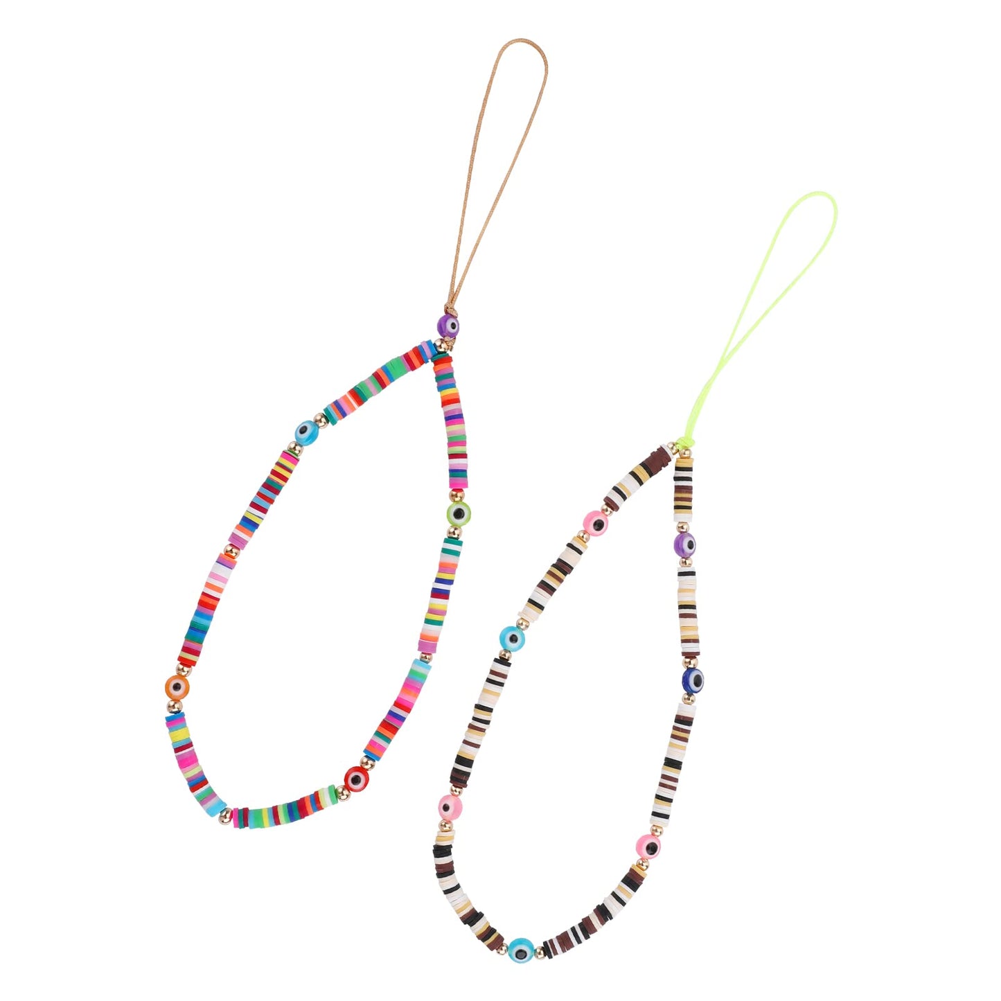 Sibba 2Pcs Phone Charms Beaded Phone Chain Rainbow Clay Beads Mobile Phone Lanyard String Keychain Evil Eye Love Flower Wrist Strap Bead Phone Chains Accessories For Women Girls (Style 1 phone charm)