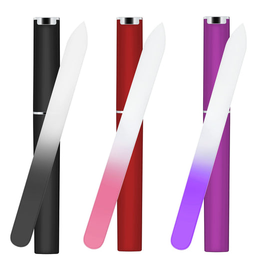 Sibba 3 Pieces Glass Nail File with Case Double-Sided Professional Crysta Manicure Tool for Natural Nails Acrylic Fake Nails Salon Pedicure Precision Filing Washable for Women Girls (Red Black Purple)