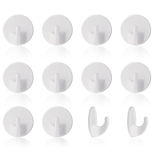 Sibba Plastic Hooks Self Adhesive, 12 Pcs White Sticky Hooks, Stick on Hooks for Hanging, Multi-Purpose Seamless Wall Hooks for Kitchen Bathroom Office Closet