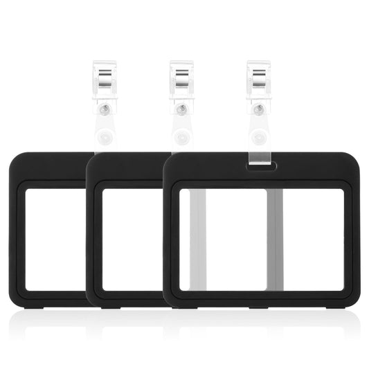 3pcs ID Sliding Badge Holder with Plastic Clip Black Card Case Protector ID Credit Card Name Tag Badge Holder Transparent Windows Horizontal Hard Waterproof Card Holder for Office School