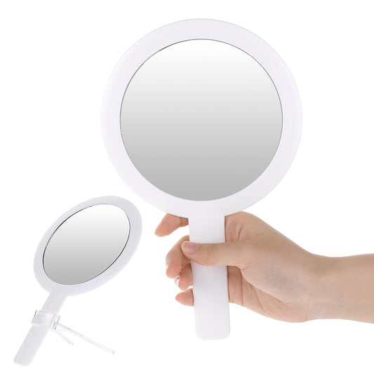 COMNICO Hand Mirror with Handle, 1 Pcs Double Sided Handheld Mirror with Stand Portable Beauty Travel Essential Transparent Round Mirror 1X/2X Magnifying Makeup Mirror for Handheld Table Travel
