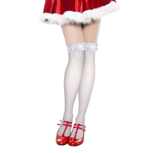 WLLHYF 1 Pair Lace Silk Thigh High Stockings Over Knee Long Socks Thigh Garter Anti-skid Tights Frilly Ribbons Bows Socks for Women girl Kawaii Lolita Dress Christmas Cosplay Party (Lace Bow)