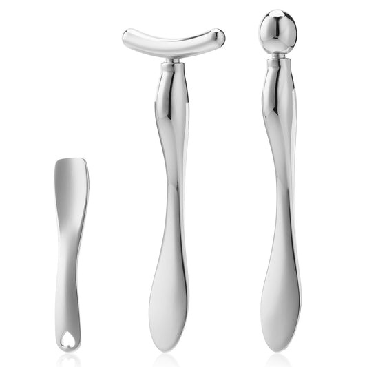 Sibba Face Roller 3 PCS Facial Skin Massager Sculpting Lifting Massage Eye Cream Applicator Contouring Shape Device Lift Wand Stick Scraping Skincare Beauty Reduce Puffiness Mother's Day (Silver)