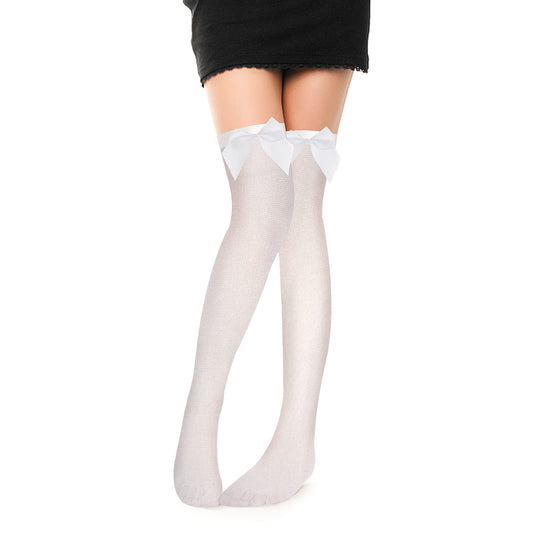 Sibba 1 Pair High Knee Socks Stockings Garter Lace Kawaii Ruffle Long Over Frilly Bow Tights Mesh Polyester Gothic For School Christmas Valentines Day Easter Halloween Party Girl Women (White)